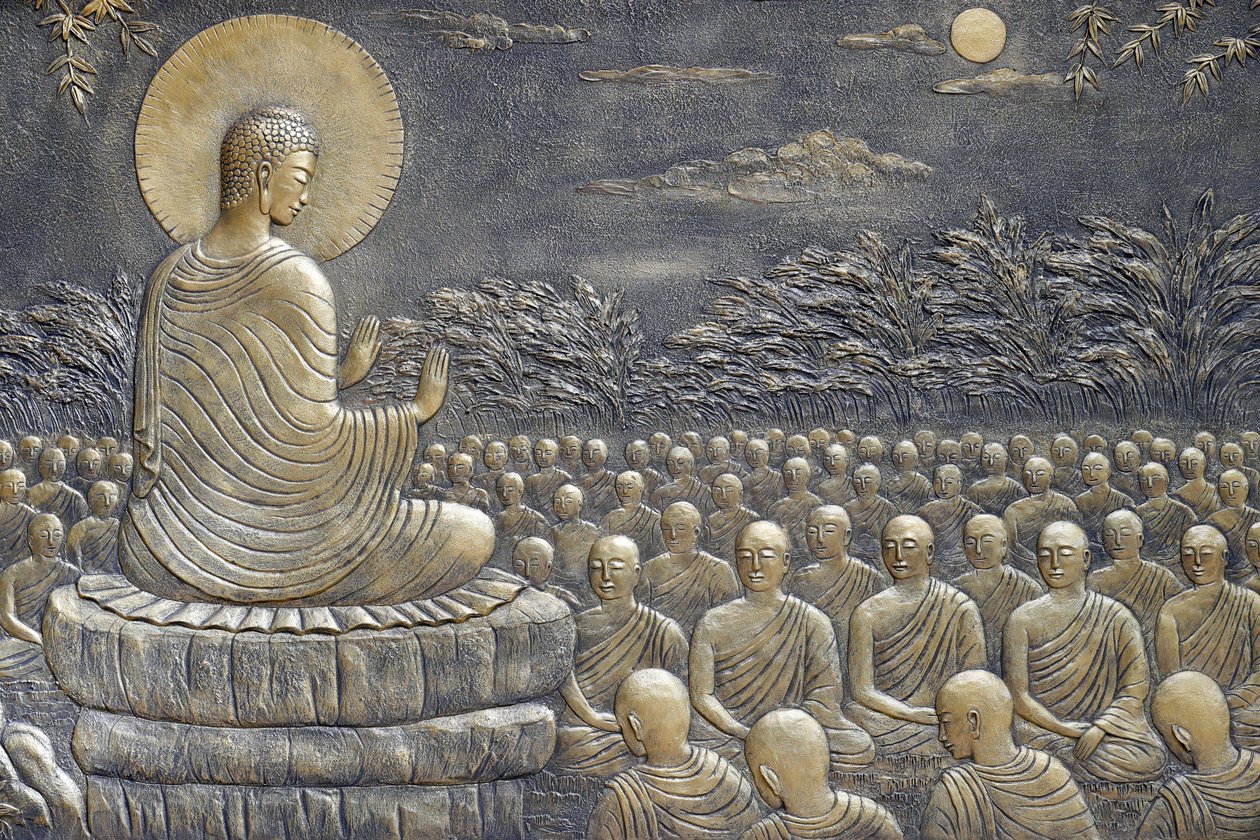 Tempio buddista Tinh Xa Ngoc Chau, La vita del Buddha, Siddhartha Gautama, Buddha con discepoli, insegnamento, Il Buddha esortò i suoi primi sessanta discepoli Arahant a partire in diverse direzioni per predicare la Dottrina, Chau Doc, Vietnam, 2018 (foto) da Unbekannt