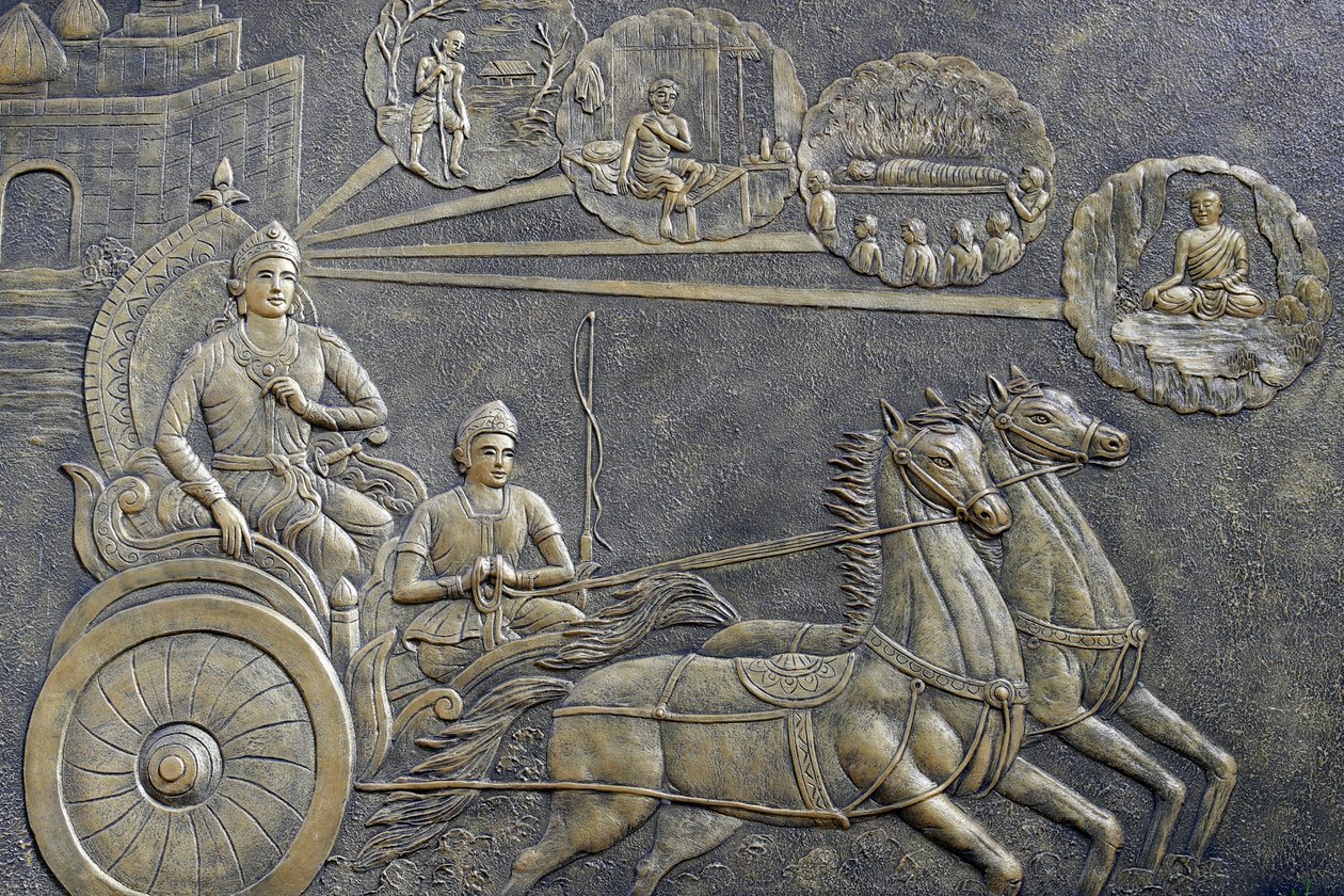 La vita del Buddha, Siddhartha Gautama, Il principe Siddhartha chiede a un auriga di portarlo in una serie di viaggi attraverso la campagna da Unbekannt