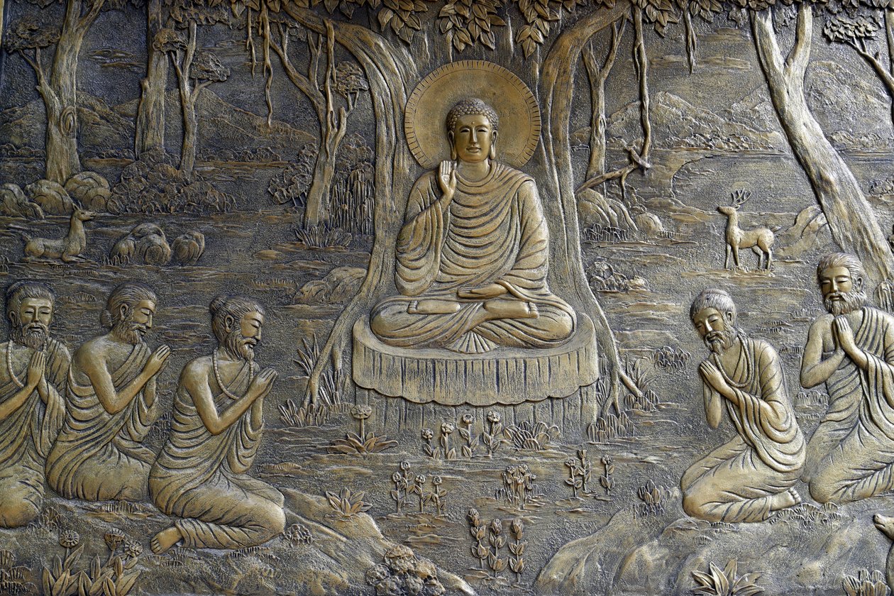 La vita del Buddha, Siddhartha Gautama, Il Buddha predica il suo primo sermone ai cinque monaci al Parco dei Cervi a Varanasi da Unbekannt