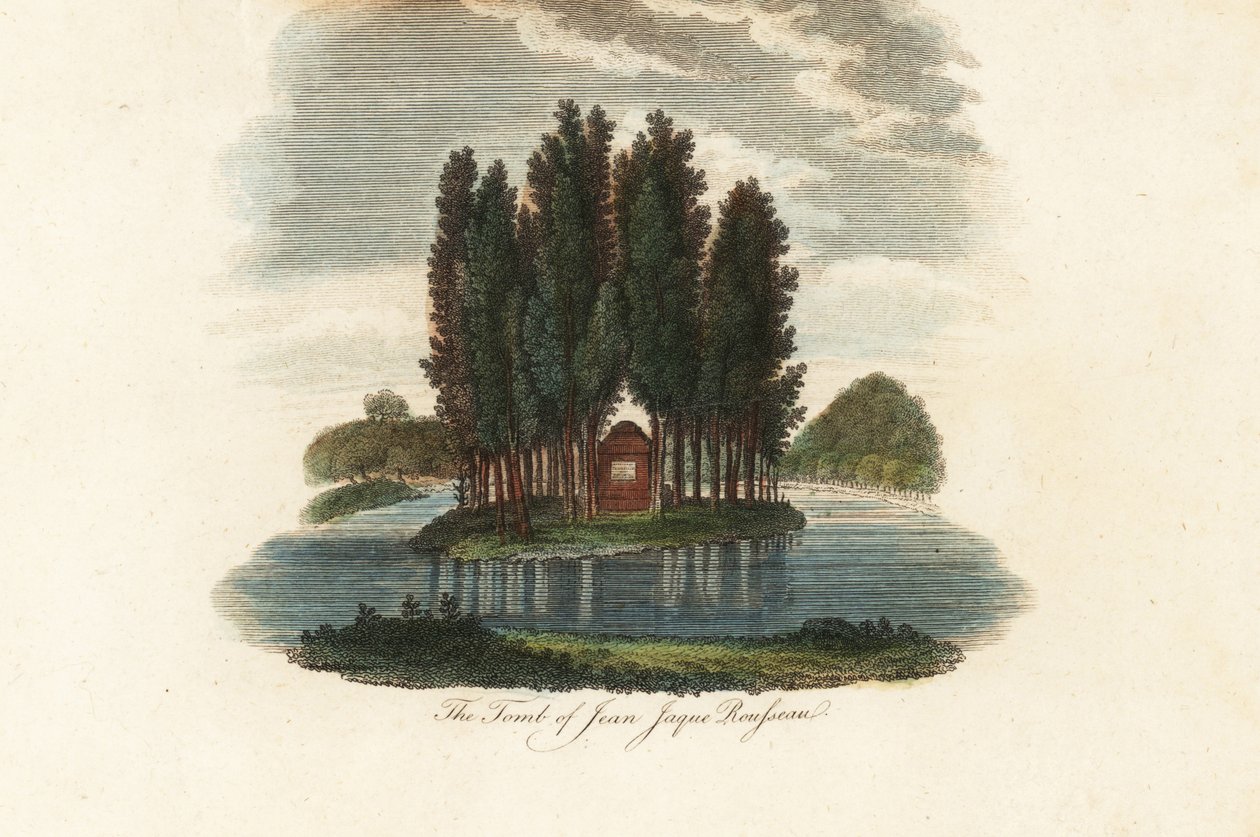 Tomba di Jean-Jacques Rousseau, scrittore francese, 1803 (incisione) da Unbekannter Künstler
