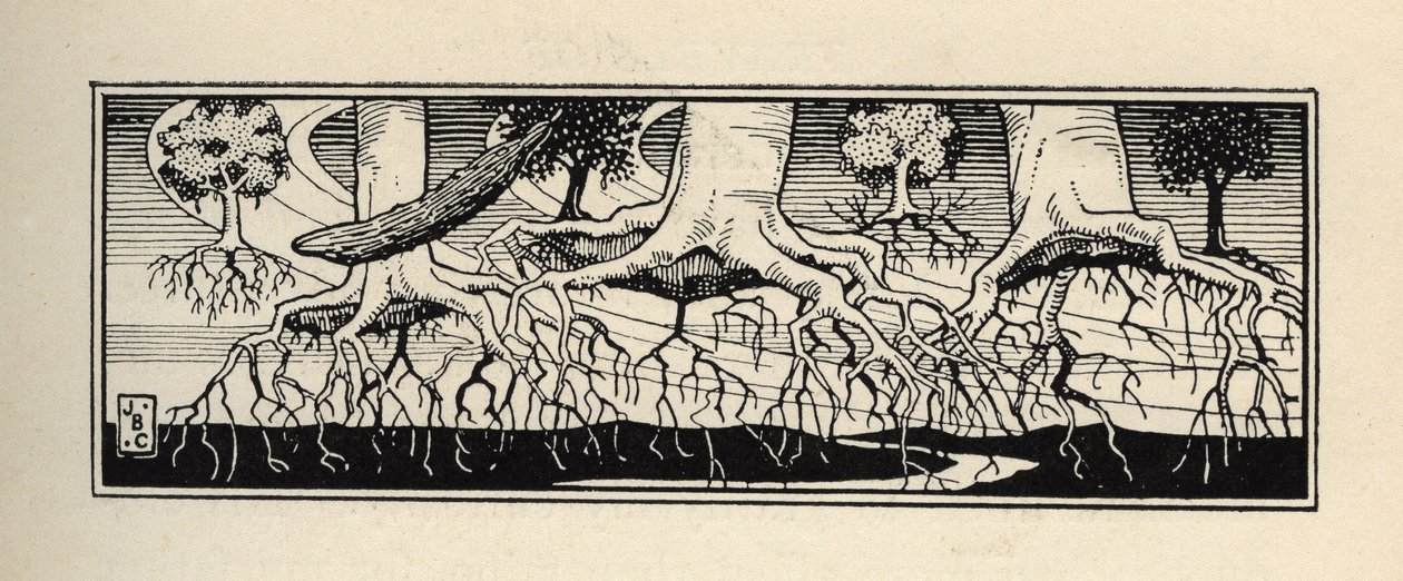 Alberi sradicati da una tempesta ripiantano le loro radici esattamente dove erano. Illustrazione di William Strang (1859-1921) e JB Clark da 