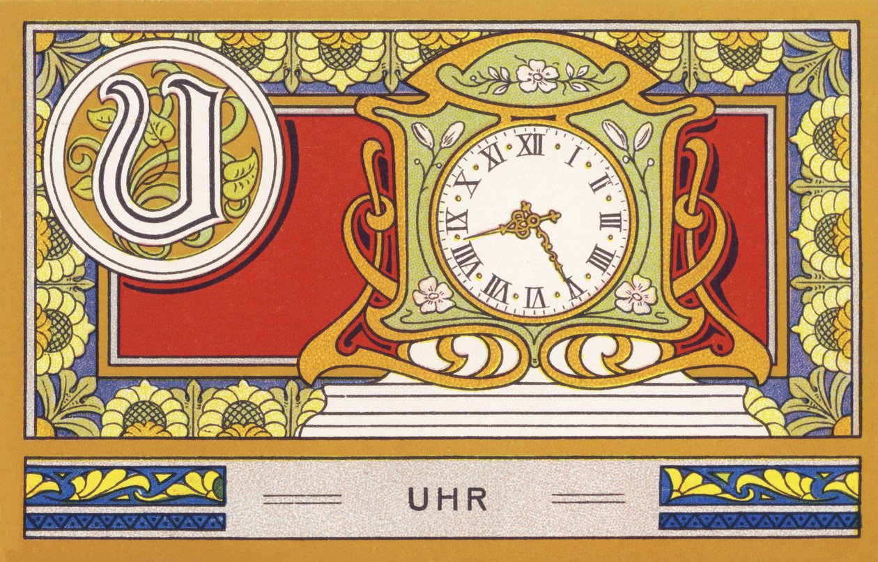 U : Uhr - Alphabet Palmin. Serie di cromolitografie edite da H. Schlinck & Cie, Amburgo, s. d. Pubblicità per Palmin feinstes Cocosfett. Dimensioni: 7 x 11 cm da Unbekannter Künstler