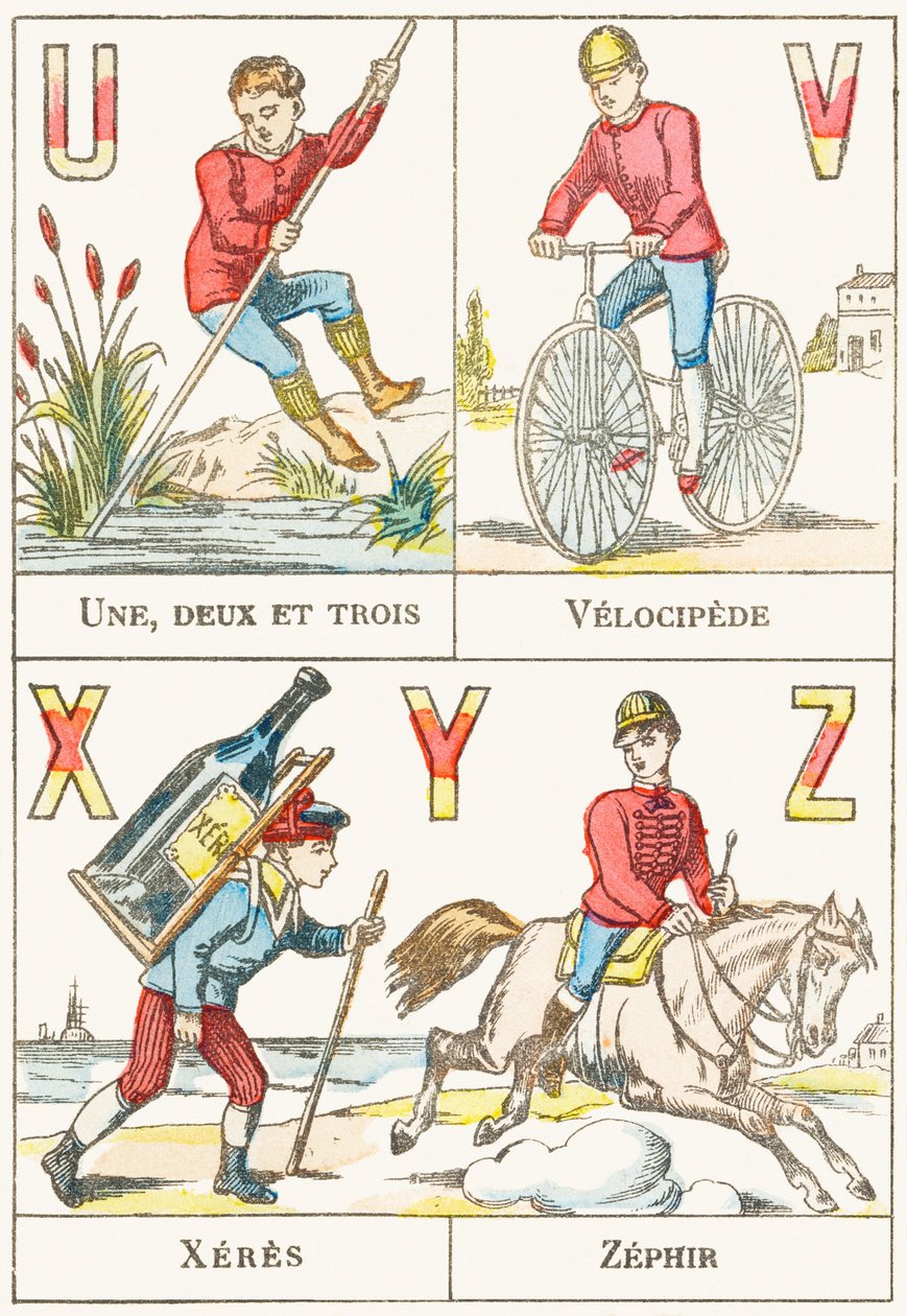 U V X Y Z ; U : Uno, due e tre ; V : Velocipede ; X : Xeres ; Z : Zephir - Alfabeto dei Giochi, c.1890 (incisione) da Unbekannt