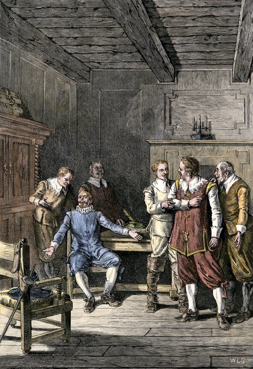 Stati Uniti, Massachusetts: Disputa tra John Winthrop (1588-1649) e Thomas Dudley (1576-1653) nella Colonia della Baia del Massachusetts. Incisione colorata del 19° secolo da Unbekannter Künstler