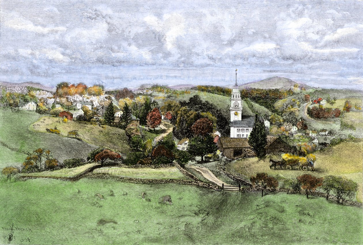 Stati Uniti, Stato del New Hampshire: Villaggio di New Boston, New Hampshire anni 1800. Incisione a colori del XIX secolo da Unbekannter Künstler
