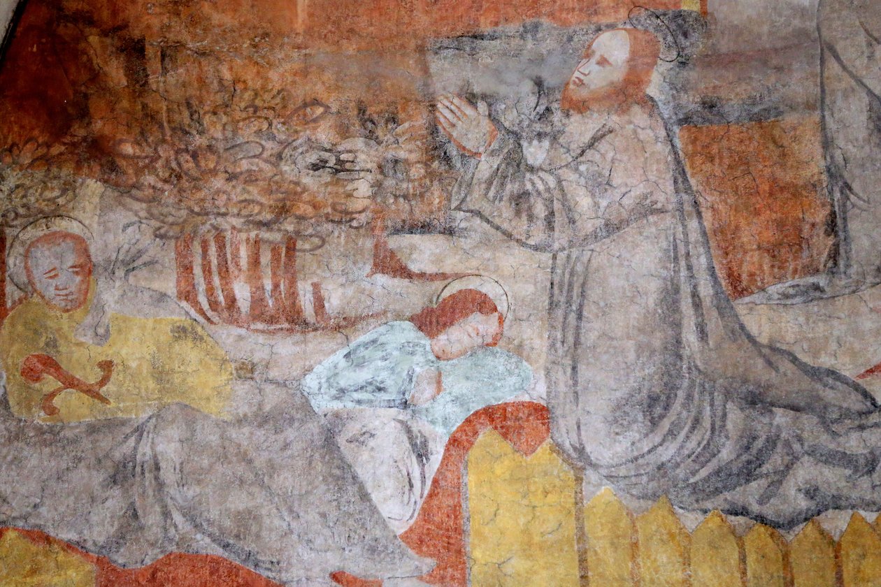 Chiesa di Vault de Lugny. Affresco del XVI secolo. Cristo nella sua passione. Getsemani, Gesù prega, mentre i discepoli riposano da Unbekannt