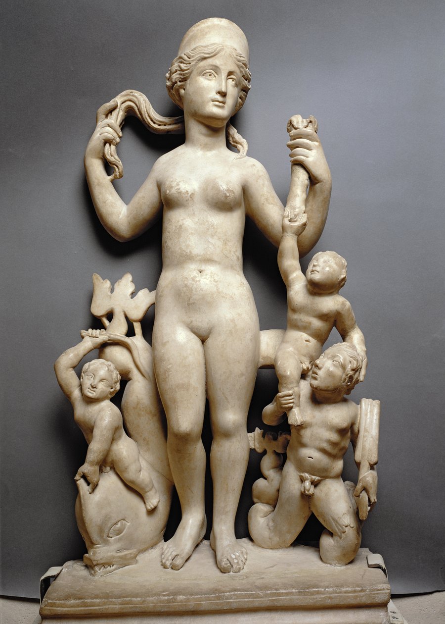 Venere con putti, un tritone e un delfino, romana, IV secolo d.C. (marmo) da Unbekannt