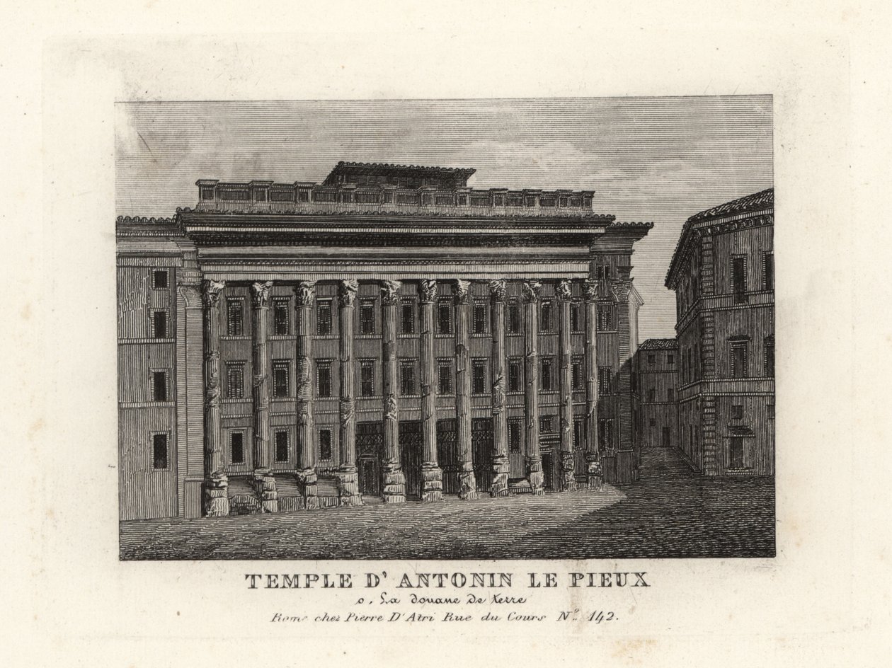 Veduta del Tempio di Adriano, Templum Divus Hadrianus, con 11 colonne dedicate dal figlio adottivo Antonino Pio, Tempio di Antonino Pio, Roma da Unbekannt