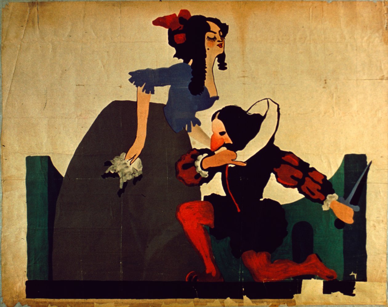 Vintage-Poster eines Mannes, der vor den Füßen einer Frau kniet, Shakespeare-Zeichnung von Unbekannt