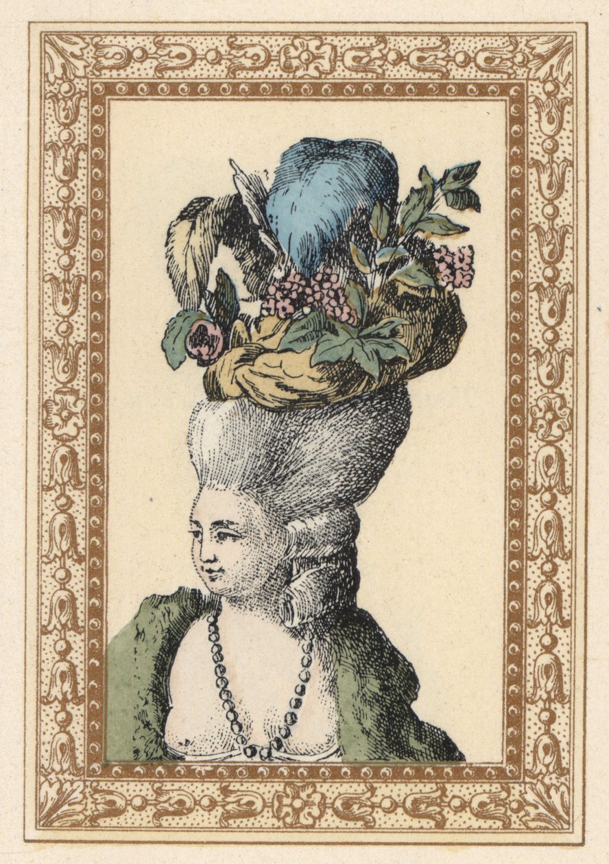 Donna con acconciatura raccolta con cappello decorato con uva e piume chiamato Cappello Racy in un parco inglese da Unbekannter Künstler
