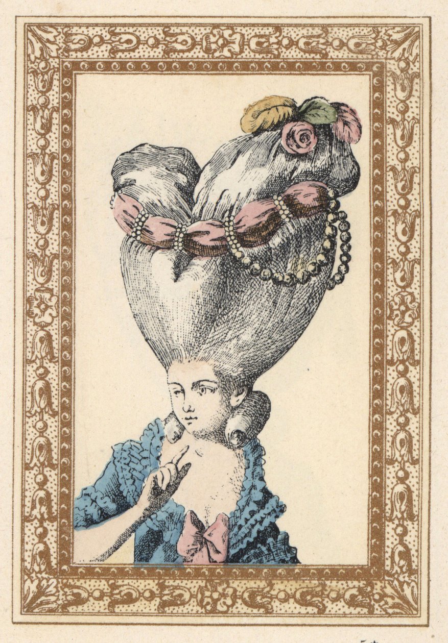 Donna con capelli raccolti su un pouf (supporto) e decorati con fiori, perle e un nastro, chiamato la Pulce da Unbekannter Künstler