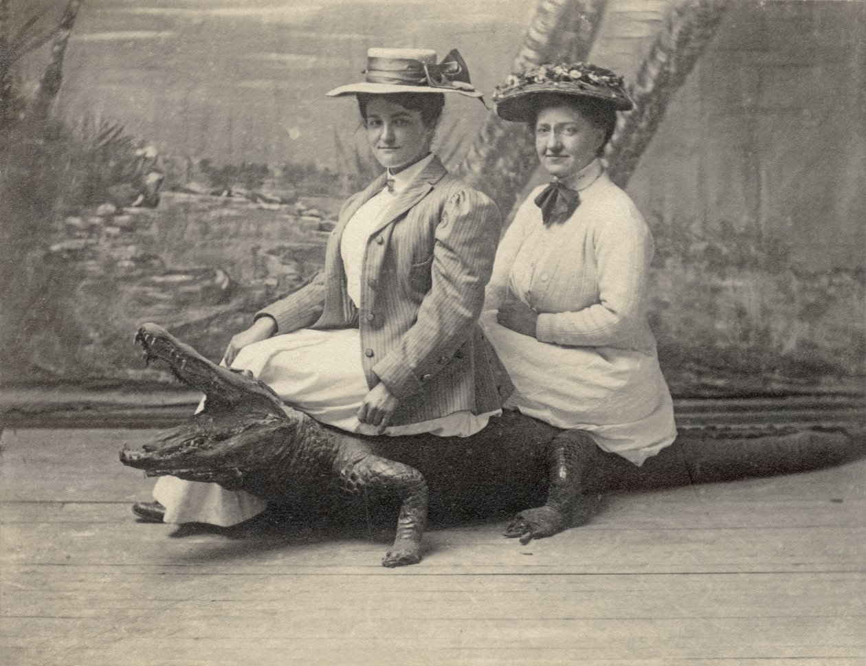 Donne sedute su un alligatore imbalsamato, c.1905 (foto in bianco e nero) da Unbekannter Künstler