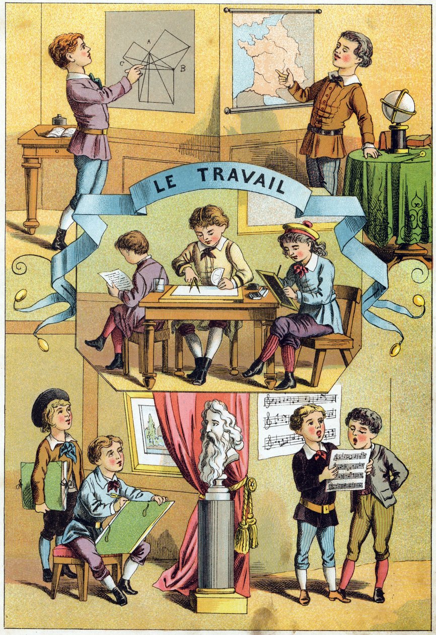Lavoro in classe. Incisione in "Alfabeto dei piccoli scolari". Imagerie d