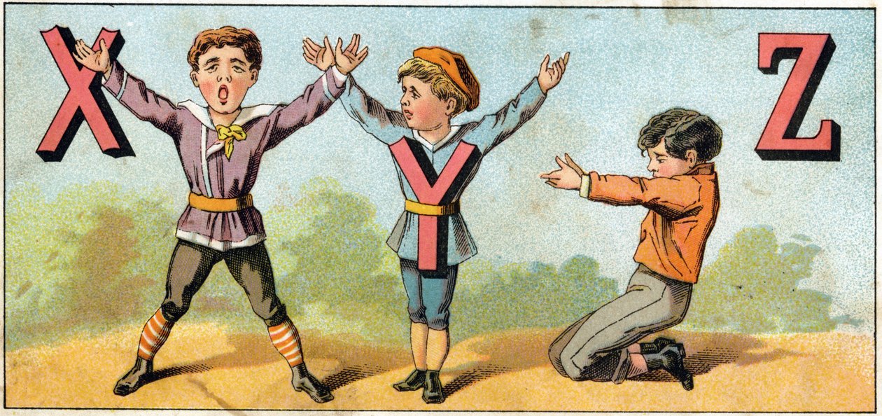 Lettere X Y e Z imitate dalla posizione del corpo. Incisione in "Alphabet des petits ecoliers". Imagerie di Epinal, circa 1885. Collezione privata da Unbekannt