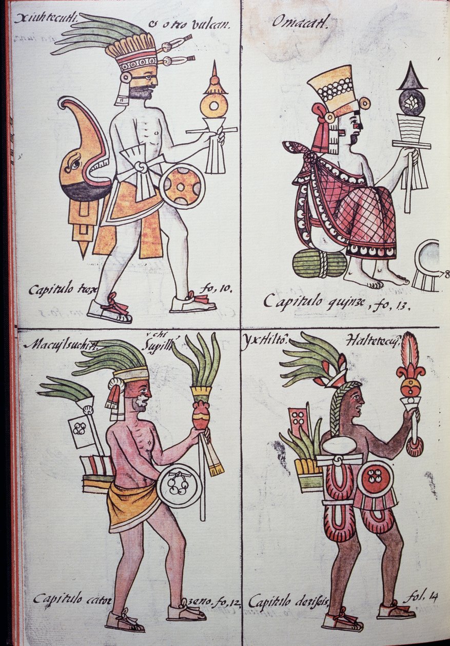Xiuhtecuhtli, Omacatl, Macuilxochitl, Ixtlilton, Pagina dal Codice Fiorentino, Versione in spagnolo e nahuatl, Storia Generale delle Cose della Nuova Spagna (Historia general de las cosas de Nueva Espana), Azteca da Benjamin Baud