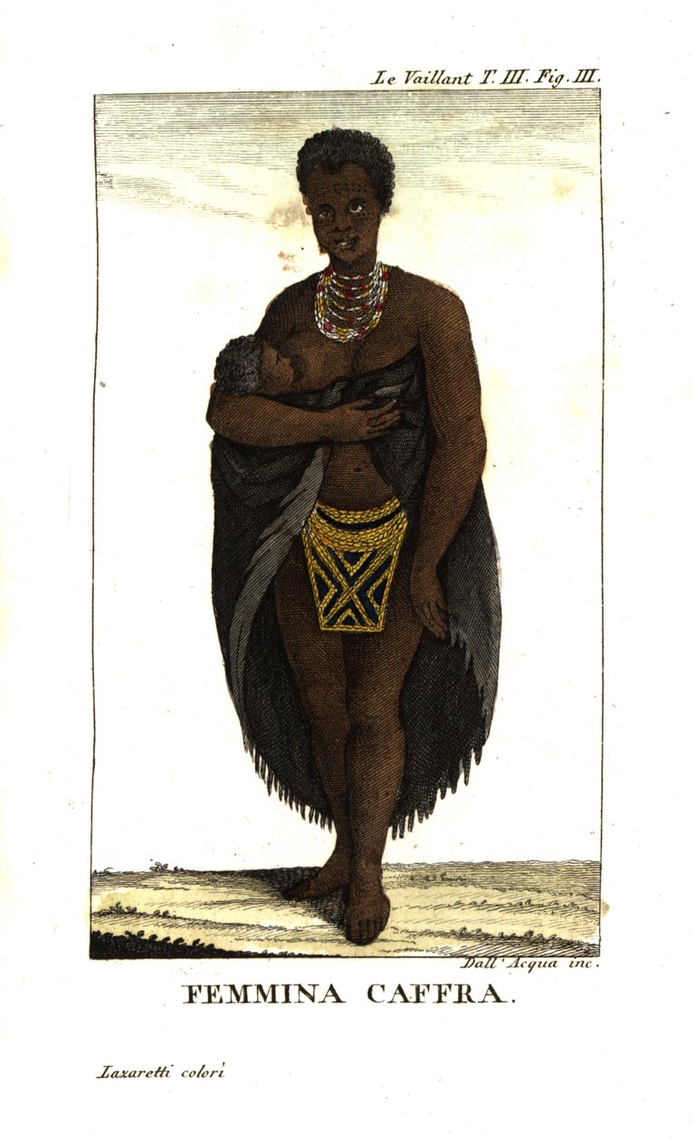 Giovane donna San che allatta un bambino, Sud Africa. Indossa un mantello, collane e una gonna con perline. Da Francois Le Vaillant (Levaillant da Unbekannter Künstler