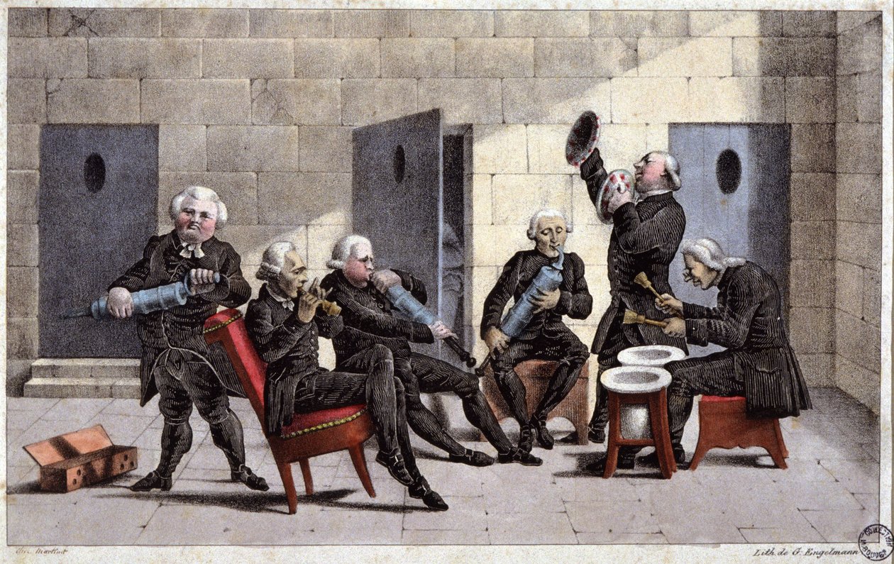 Amatori che suonano una courante, caricatura francese contro i medici (con siringhe e pitali come strumenti musicali) e il purgante nel XVIII secolo da Unbekannter Künstler