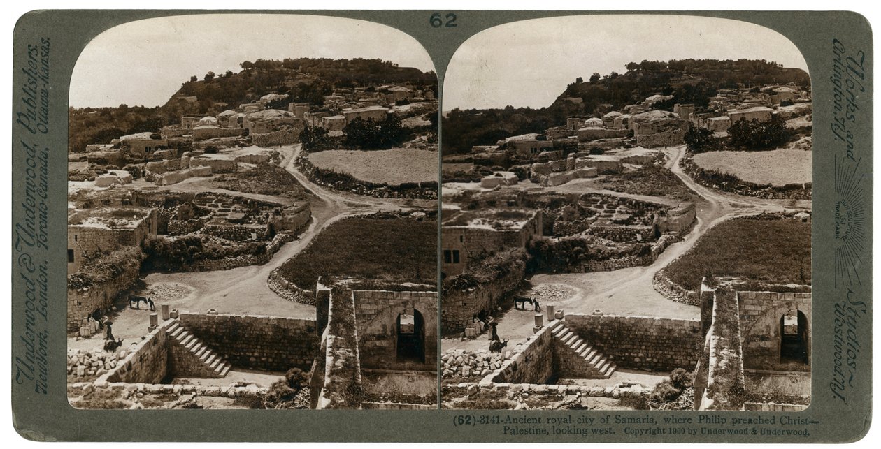 Antica città reale di Samaria, dove Filippo predicò Cristo, vista verso ovest, Palestina, 1900 da Underwood and Underwood