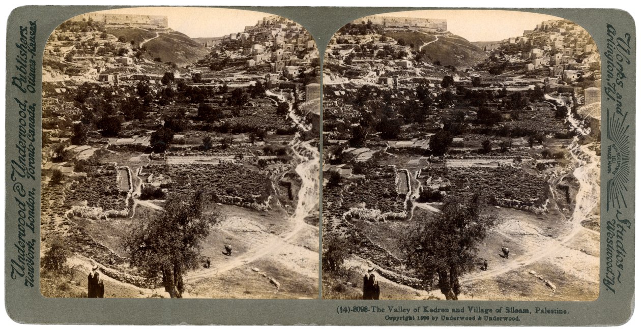 La valle di Cedron e il villaggio di Siloam, fuori le mura di Gerusalemme, Palestina, 1896 da Underwood and Underwood