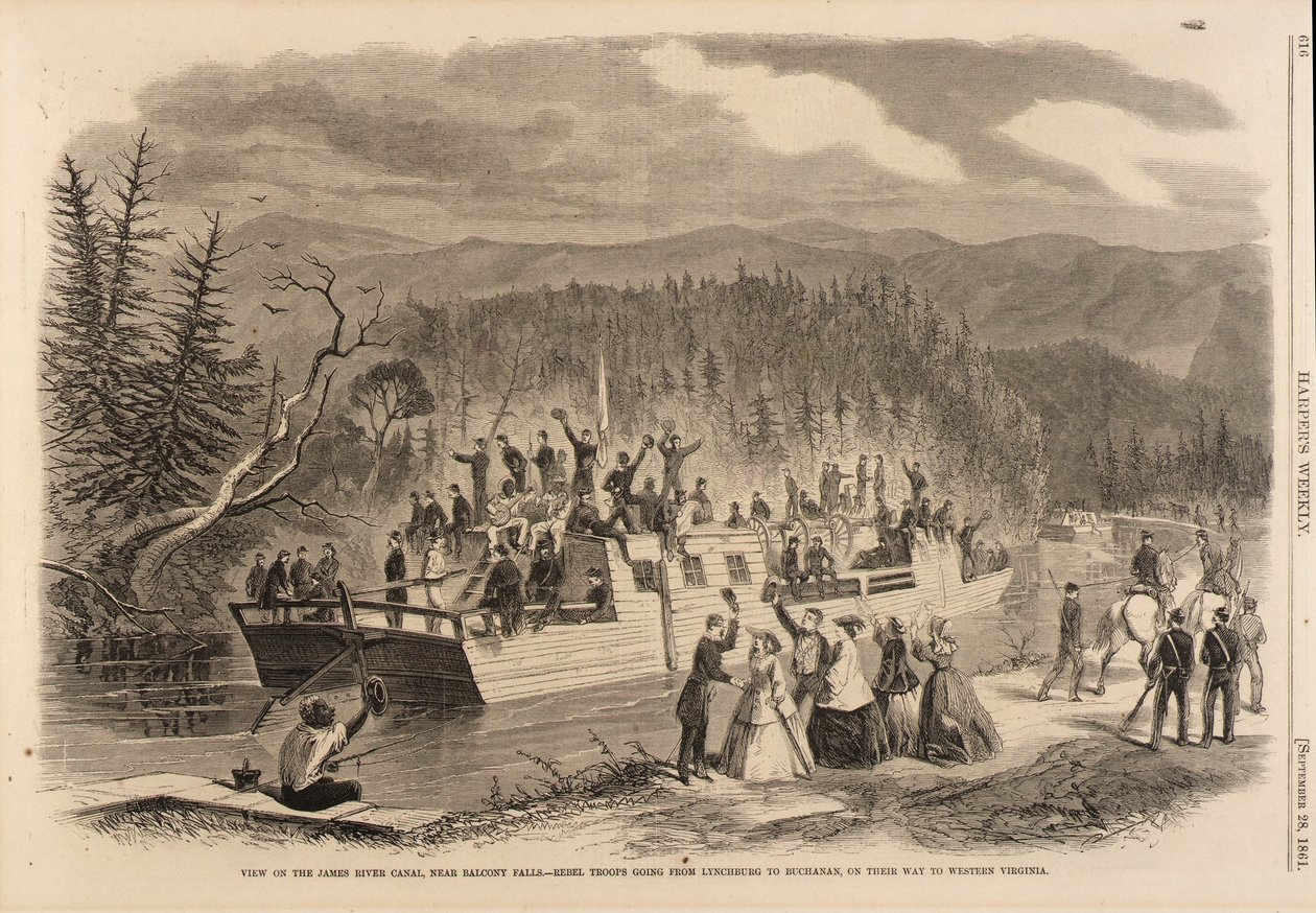Vista sul canale del fiume James, vicino alle cascate di Balcony. -Le truppe ribelli vanno da Lynchburg a Buchanan, sulla strada per la Virginia occidentale, da Harper