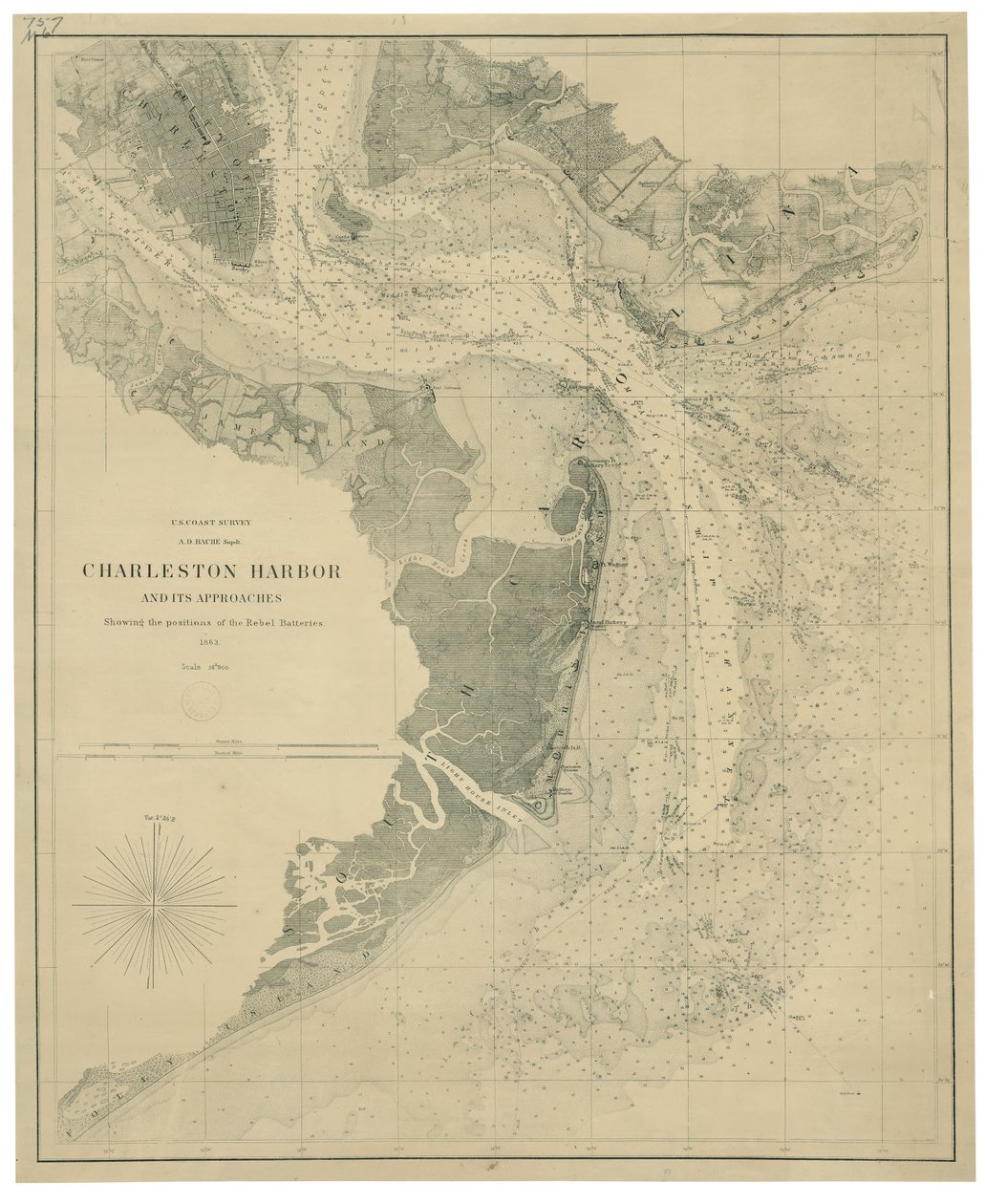 Il porto di Charleston e i suoi approcci con le posizioni delle batterie ribelli LOC lva0000206 da United States Coast Survey