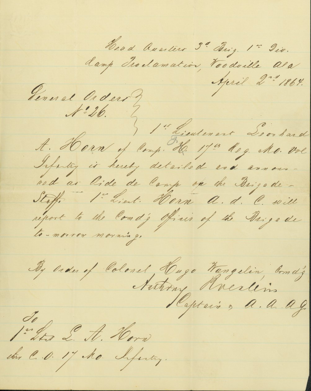 Annuncia che Leonard A. Horn è assegnato come Aide de Camp nello staff della brigata da Unknown