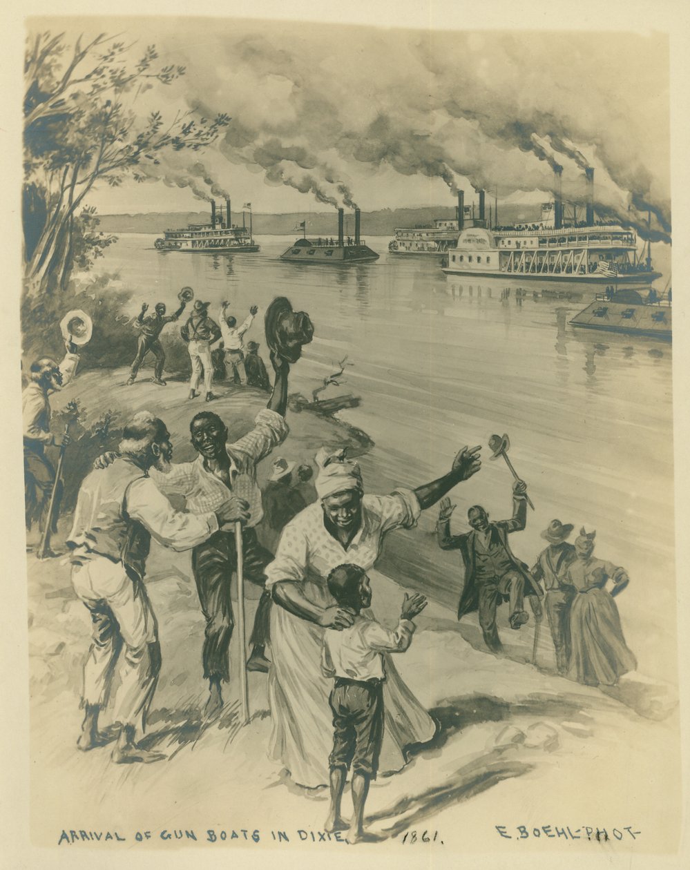 Immagine di persone (per lo più afroamericani) che festeggiano sulla riva di un fiume, dove una flotta di cannoniere sta viaggiando da Unknown