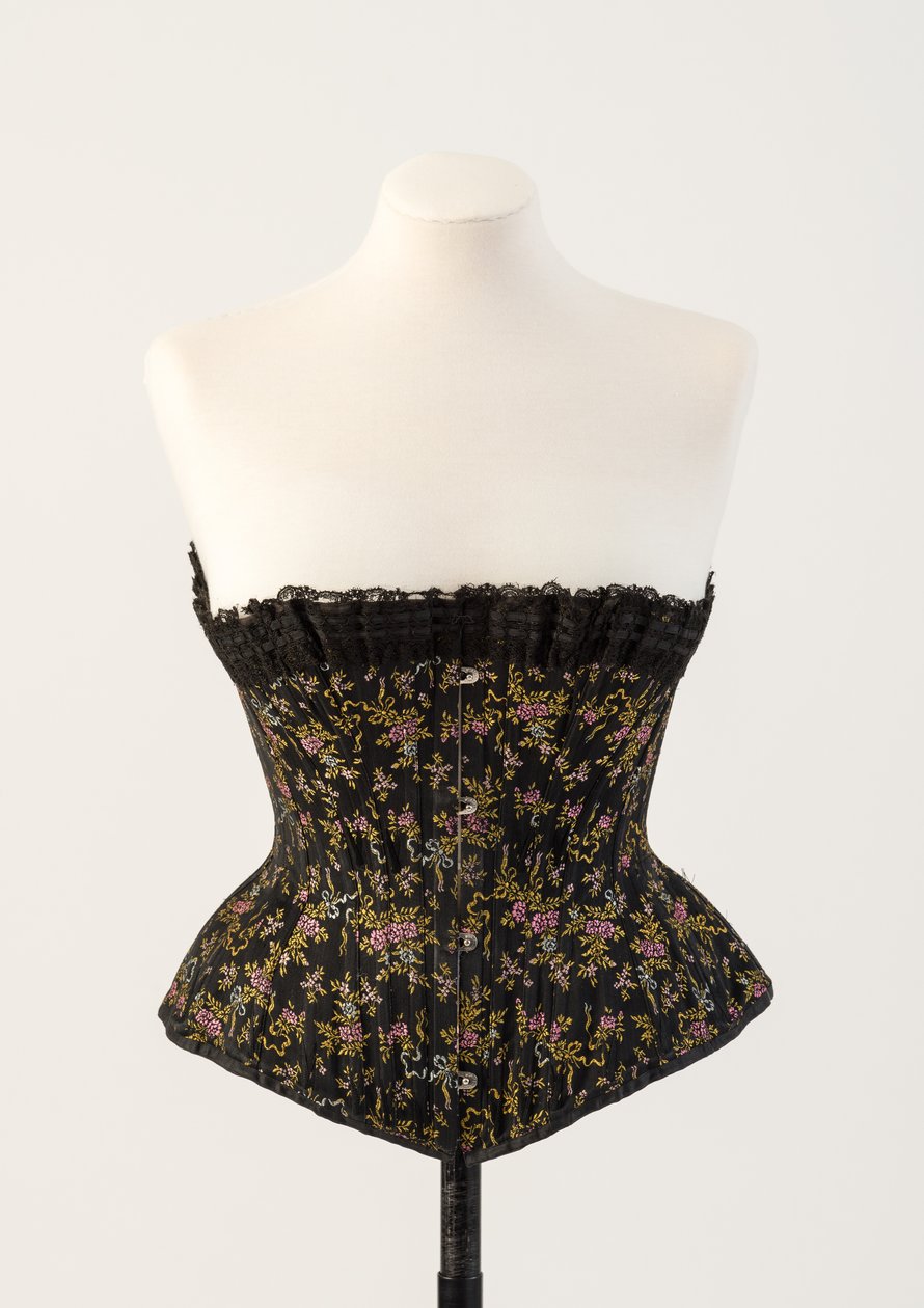 Corsetto in seta nera con stecche, con piccoli fiori blu e rosa, 1890 da Unbekannt Unbekannt