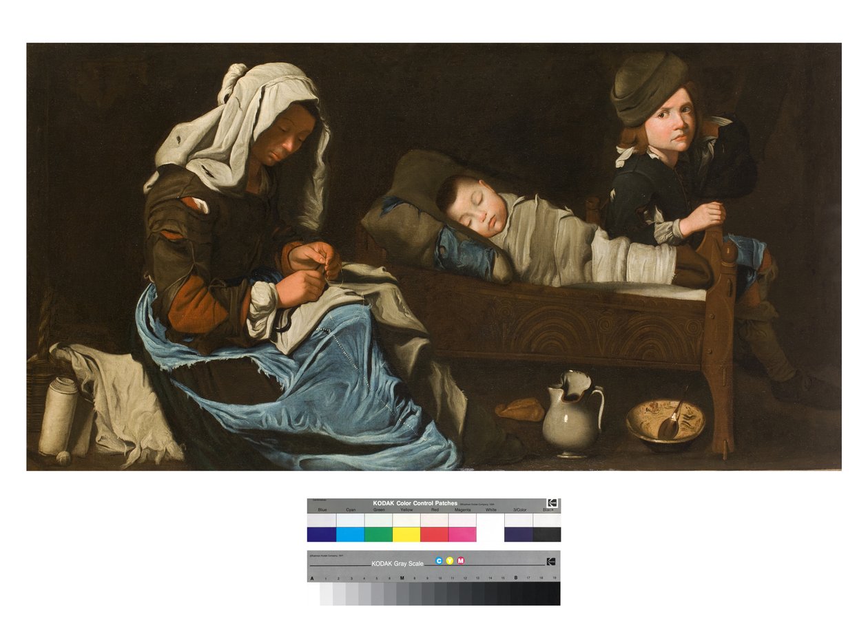 Madre che cuce con due bambini, 1670-1700 da Unbekannt Unbekannt