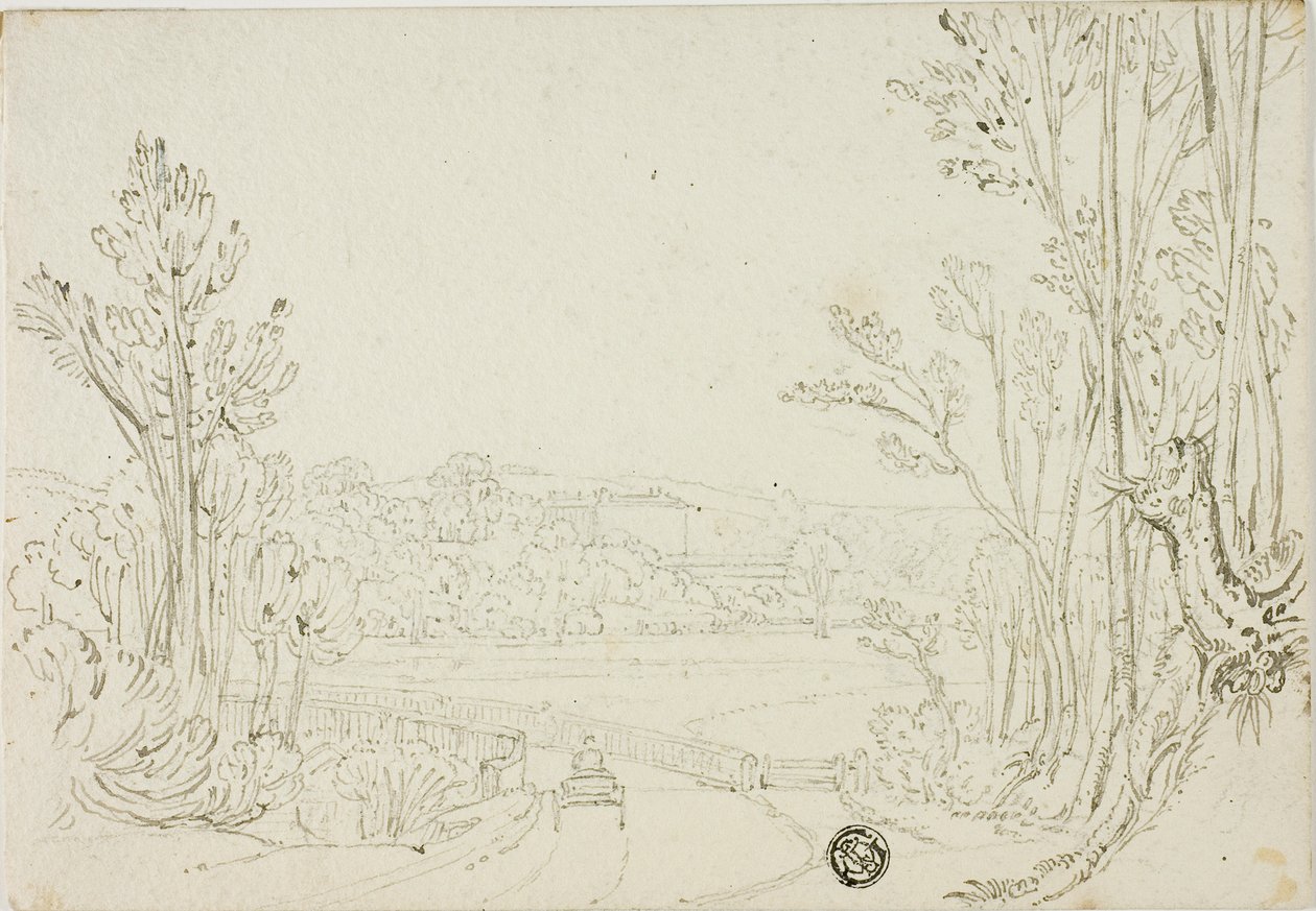 Carrello che attraversa il ponte tra gli alberi; villa in lontananza da Unknown