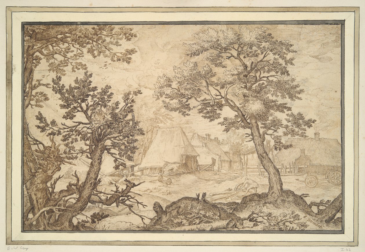 Edifici agricoli visti attraverso uno schermo di alberi da Unknown