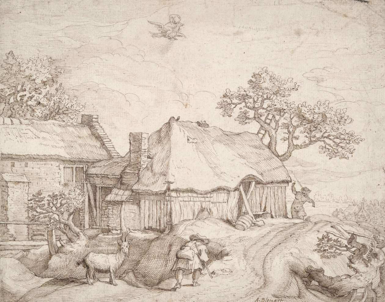 Edifici agricoli con contadini, una capra e il rapimento di Ganimede da Unknown