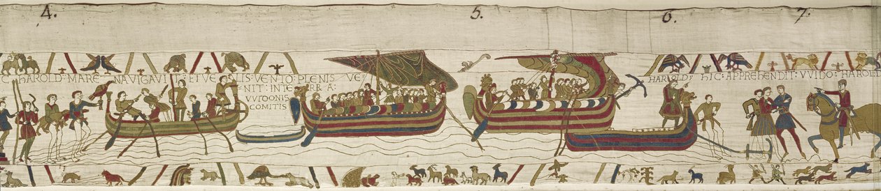 Harold attraversa il Canale nel territorio di Guy, Conte di Ponthieu, dove viene catturato, Arazzo di Bayeux da Unknown