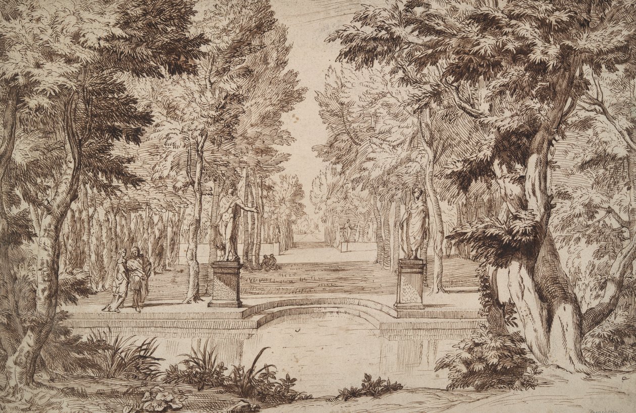 Vista Immaginaria di un Parco con Statue e Coppie da Unknown