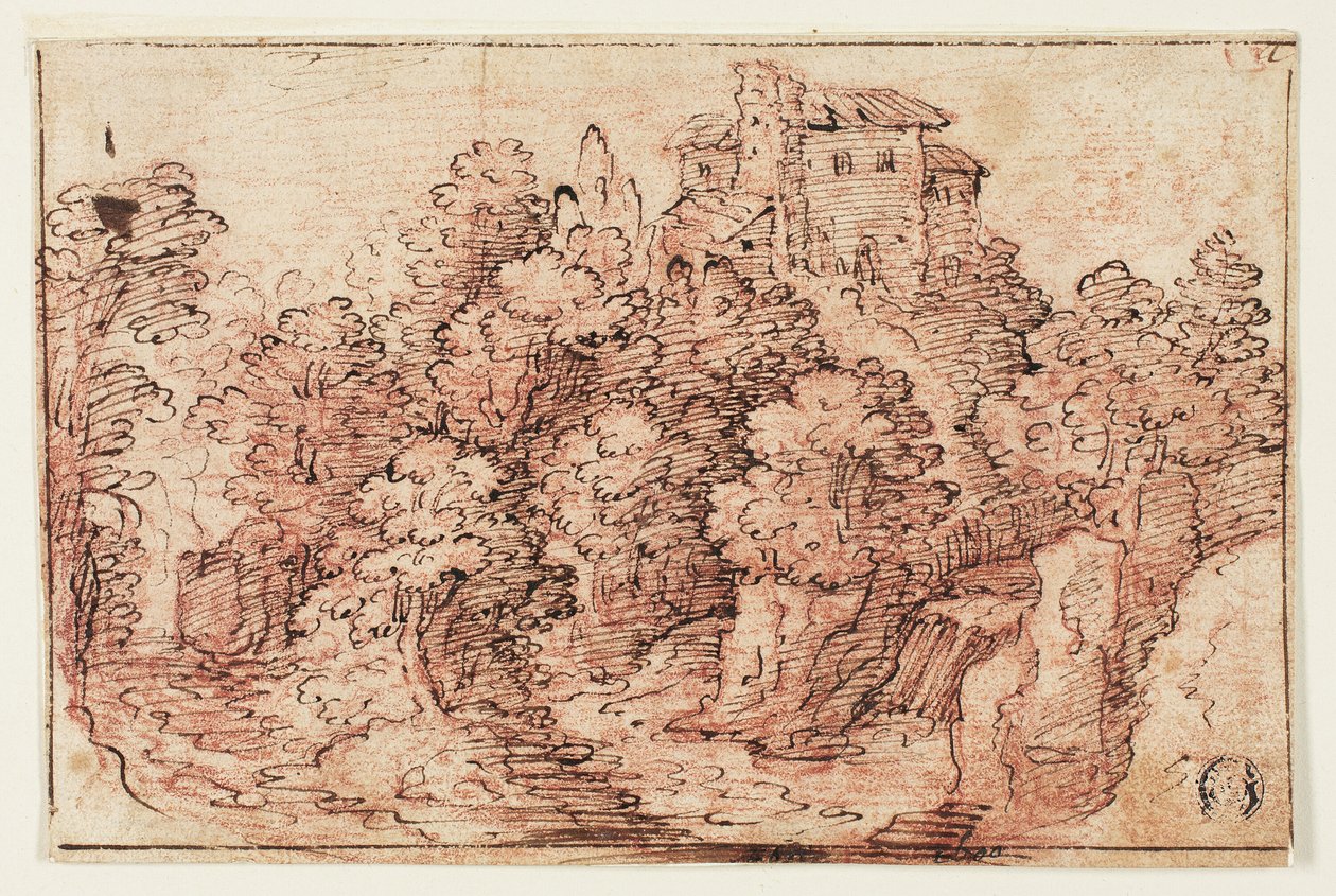 Paesaggio: Casa su una collina boscosa da Unknown