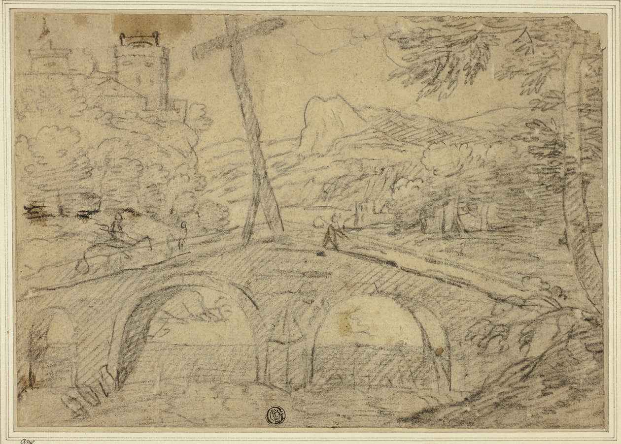 Paesaggio con ponte (con croce) su una gola, con montagne e castello in lontananza da Unknown