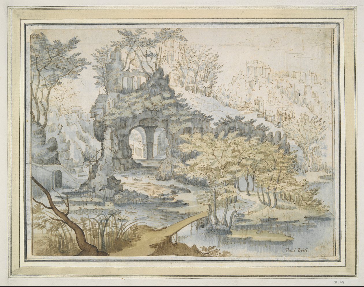 Paesaggio con edifici su arco nelle rocce da Unknown