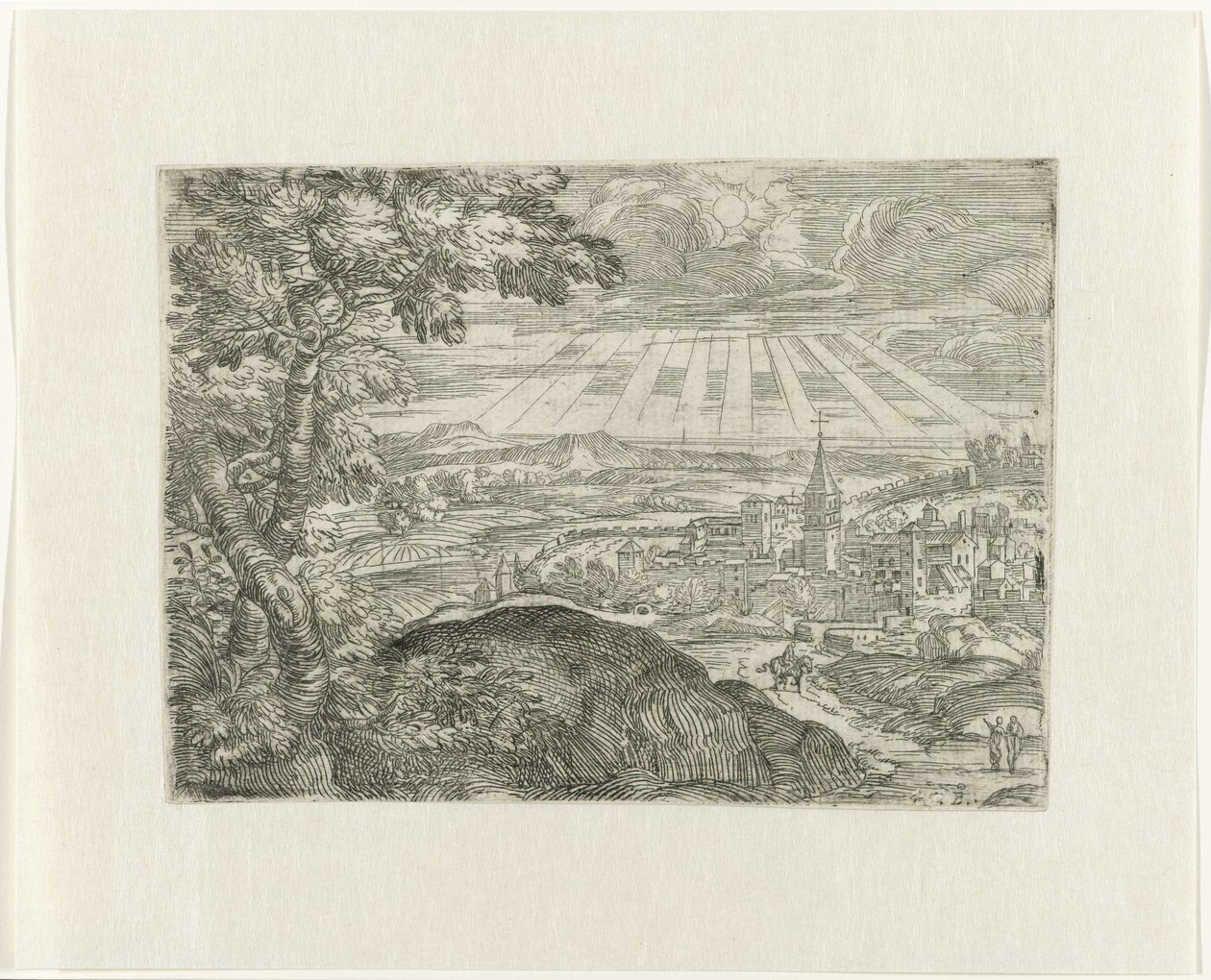 Paesaggio con vista sulla città e sole splendente da Unknown