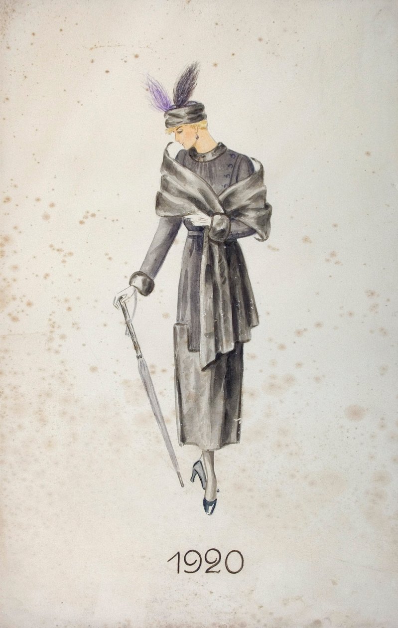 Modella con cappotto e cappello con piume, con ombrello da Unknown