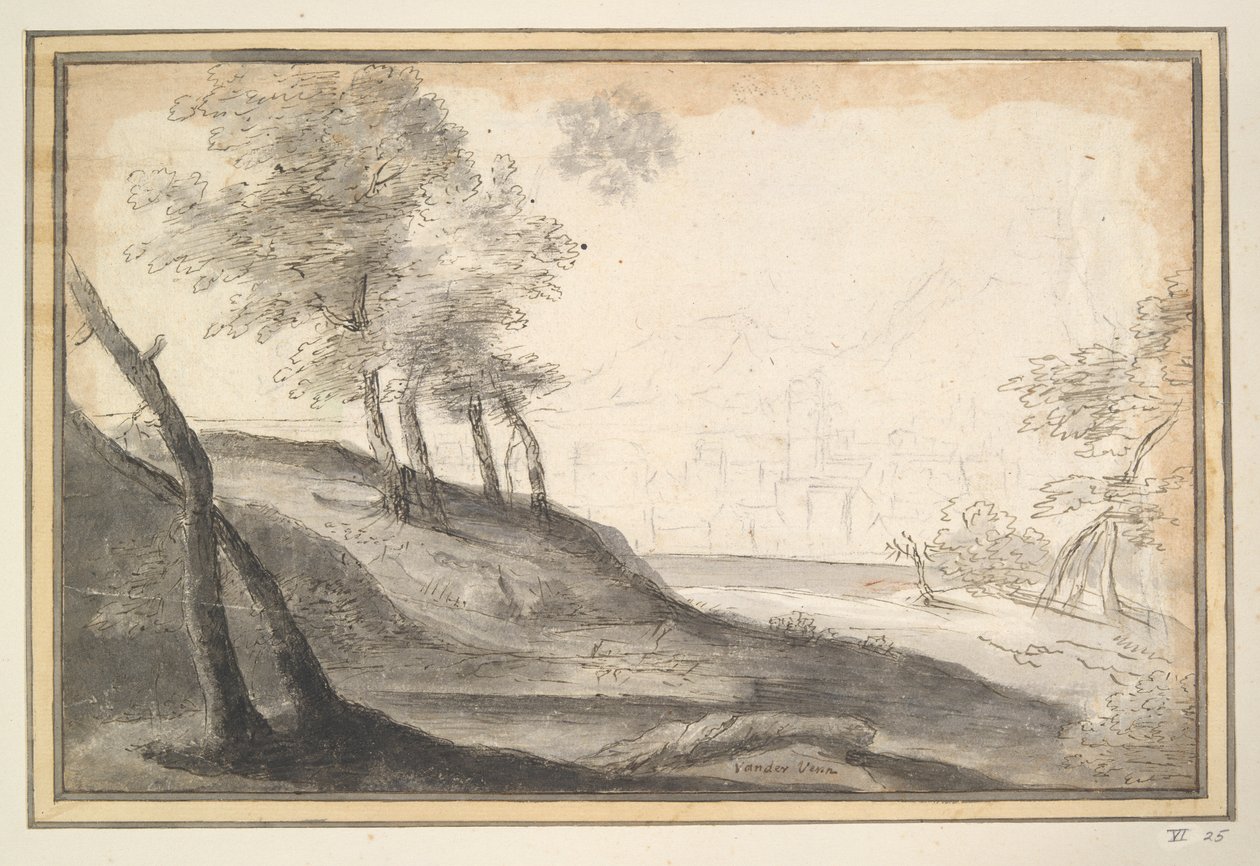 Paesaggio montuoso con alberi e città in lontananza da Unknown