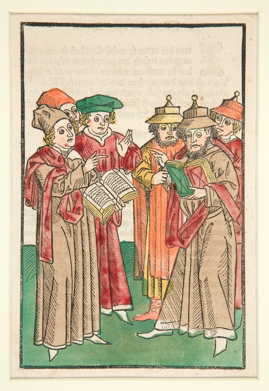 Tre Studiosi Cristiani e Tre Ebrei che Disputano, illustrazione da Der Seelen-Wurzgarten da Unknown