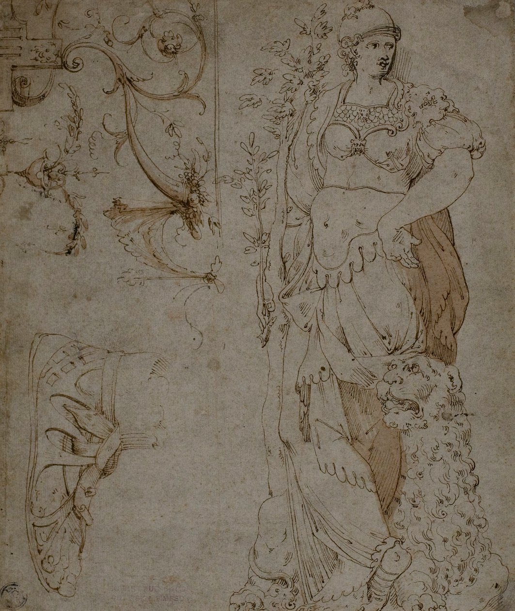 Tre schizzi: Fortezza, un sandalo e grottesche (recto); Schizzi di grottesche e corazza romana (verso) da Unknown