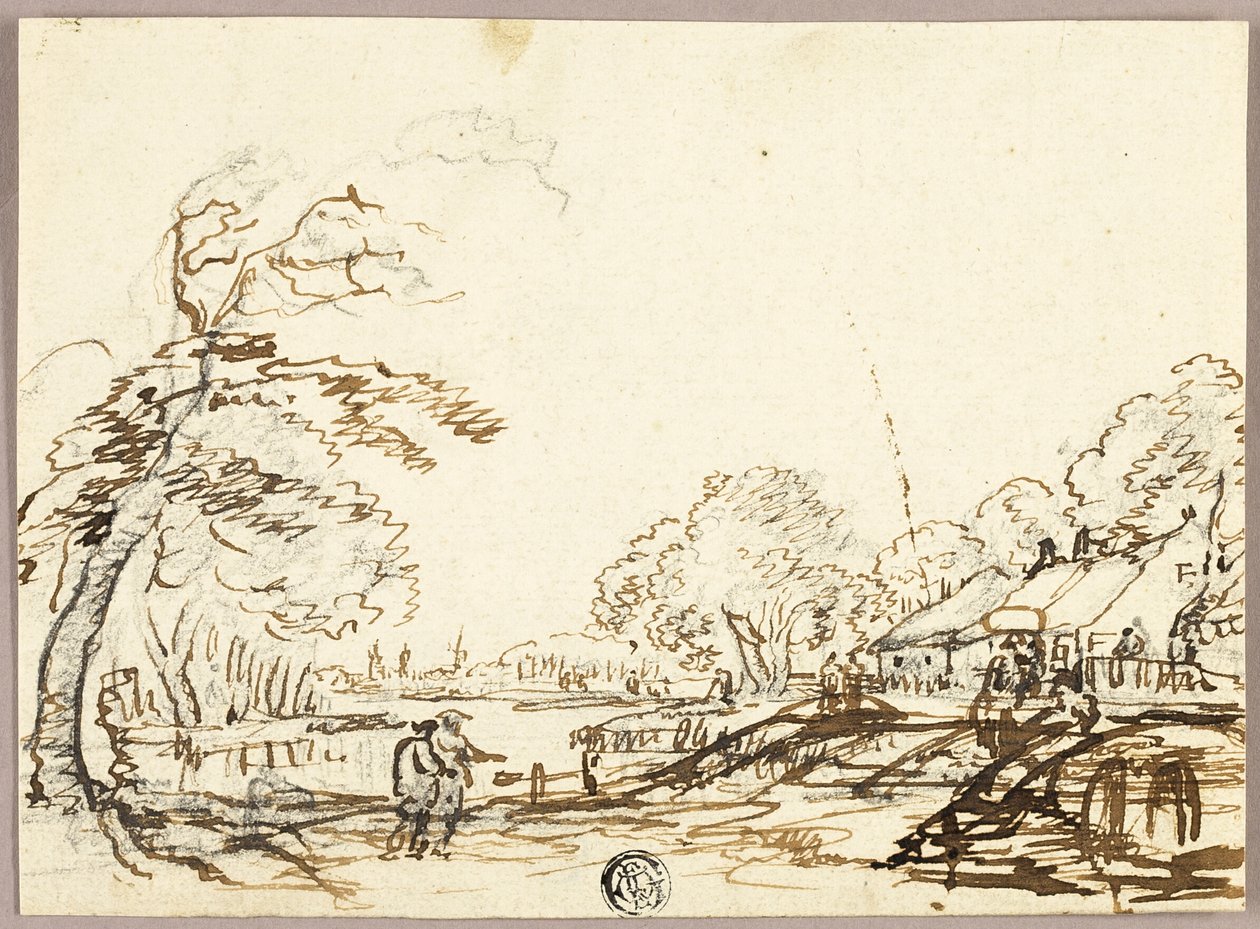 Due figure lungo il fiume vicino a ponti e case (recto); due figure sul ponte che guardano l