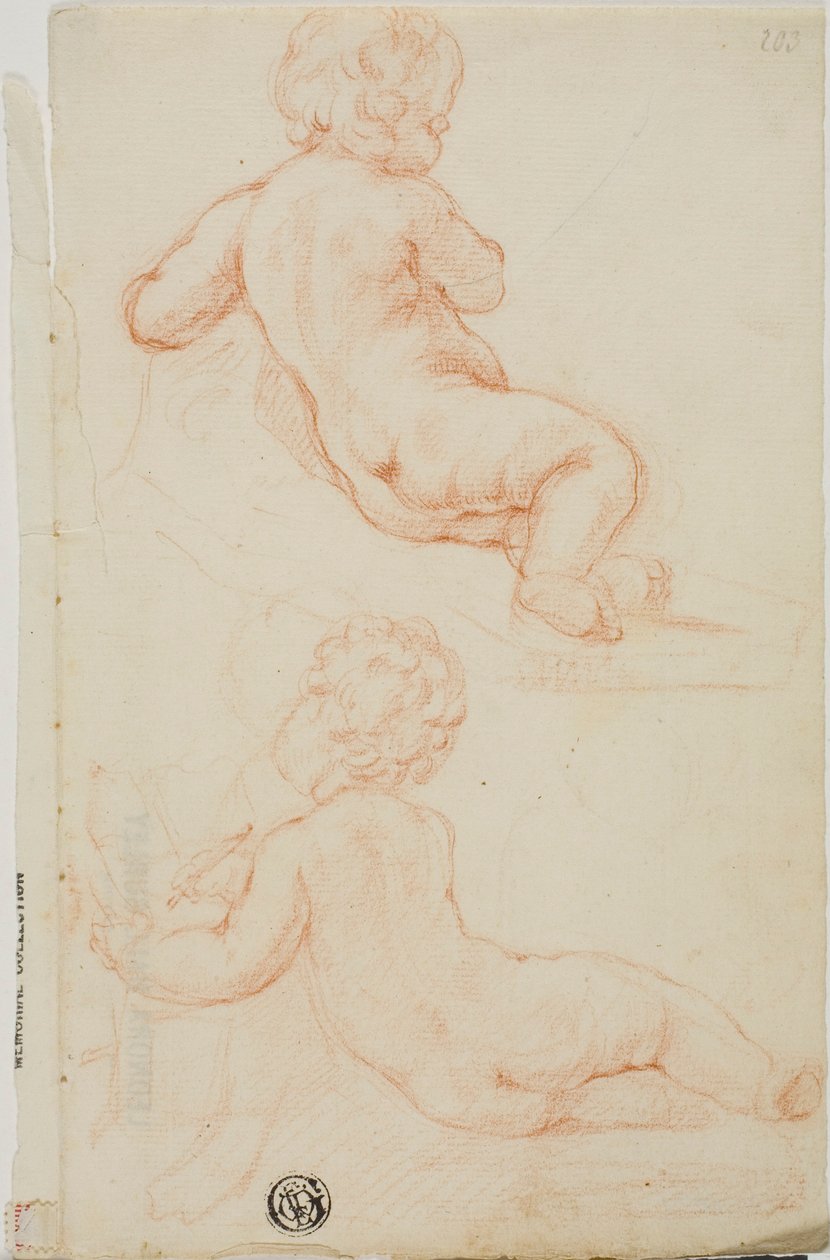 Due putti visti di schiena, uno scrivendo da Unknown