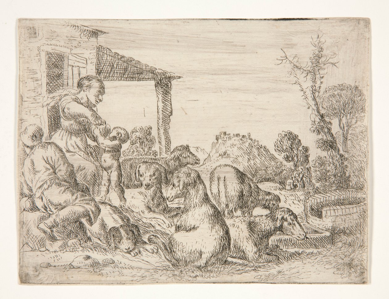 Senza titolo (Famiglia di contadini con cani e agnelli in un paesaggio) da Unknown