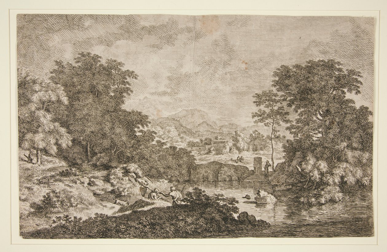 Senza titolo [Scena pastorale - paesaggio montuoso vicino a un corpo d