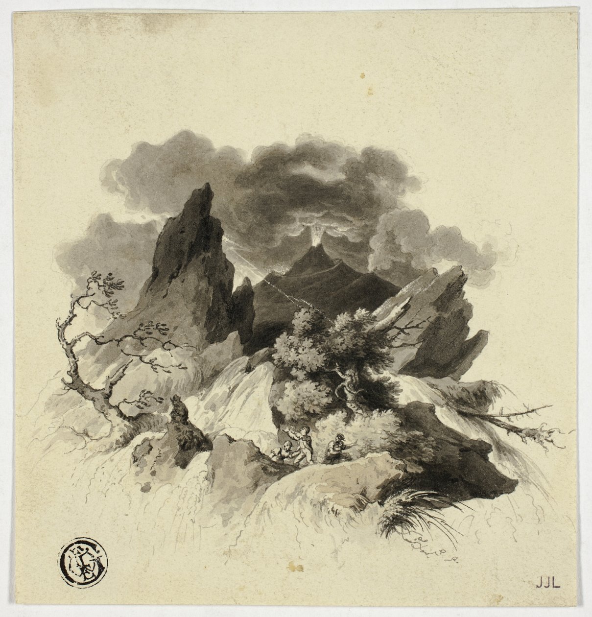 Tempesta violenta in montagna con vulcano in eruzione in lontananza da Unknown