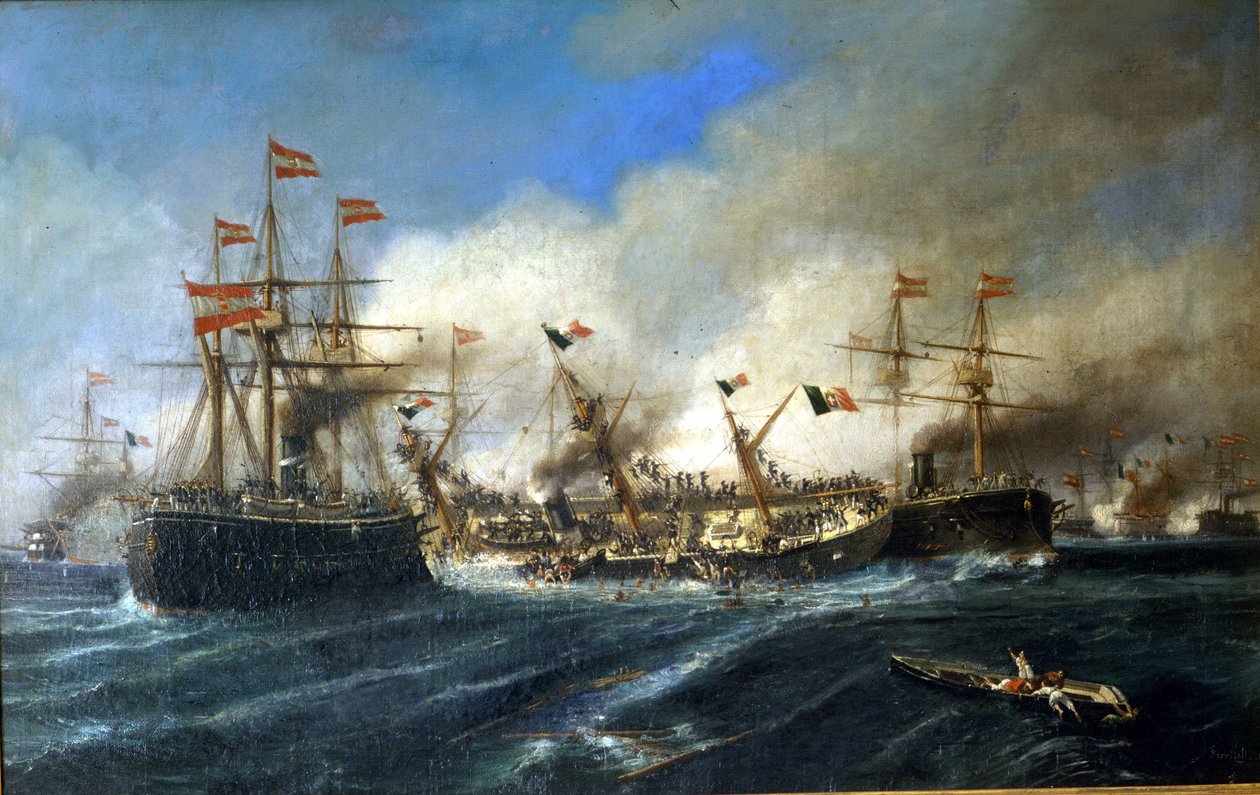 20/07/1866: Battaglia di Lissa al largo della Dalmazia: gli austriaci distruggono la flotta italiana. da Unknown artist