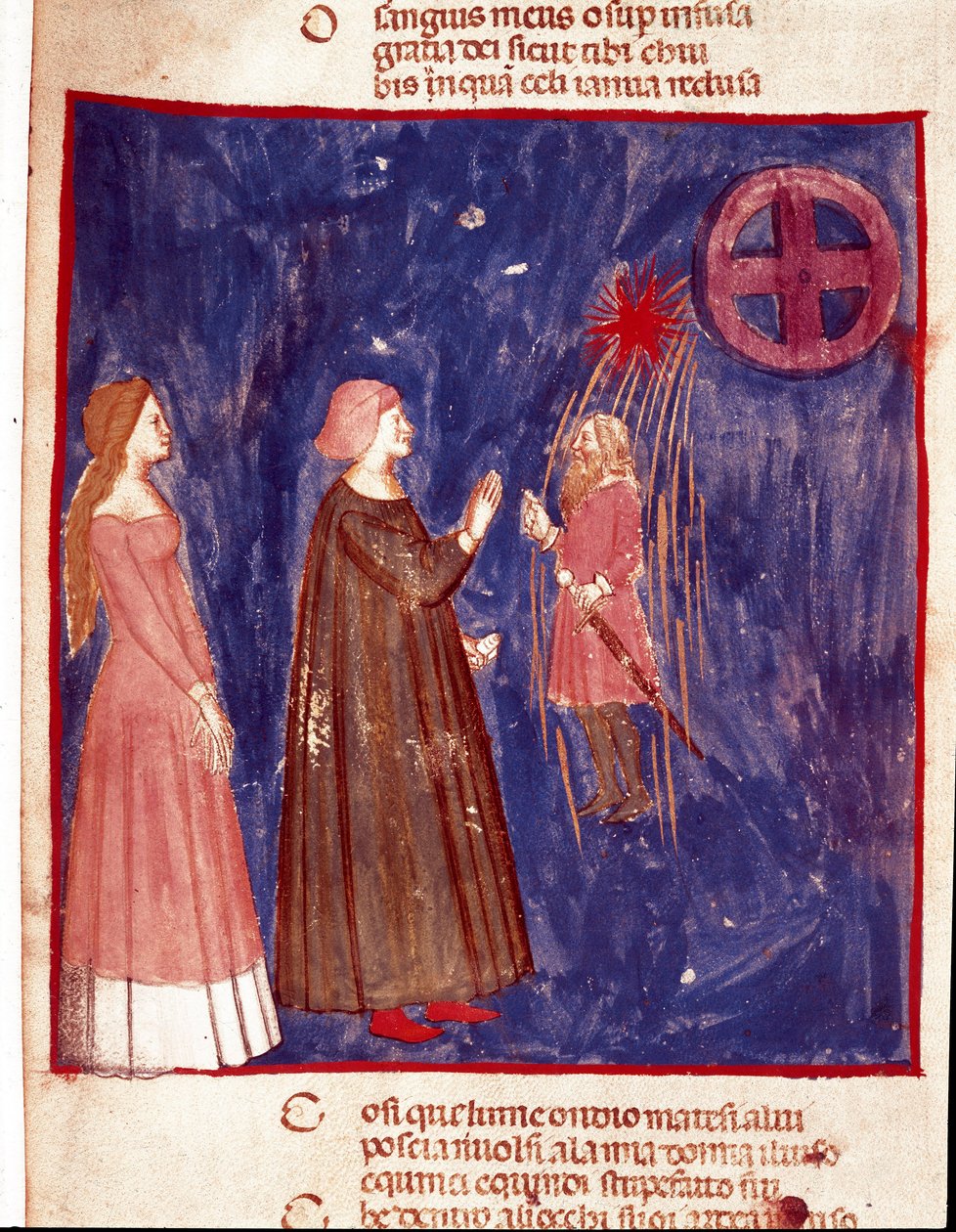 5° cielo: Dante e Beatrice incontrano il Signore Cacciaguida nella sfera celeste delle anime dei combattenti. Pagina illuminata che illustra un canto del Paradiso dalla 