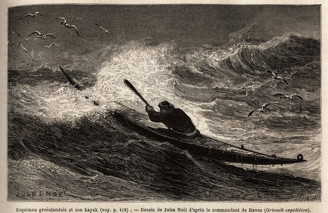 Un kayak della Groenlandia, che supera la barriera delle onde. Incisione per illustrare il viaggio al mare libero del polo artico, del dottor Hayes, chirurgo della Marina degli Stati Uniti, nel 1860-1862, pubblicato in "Le tour du monde, nouveau journal de da Unknown artist